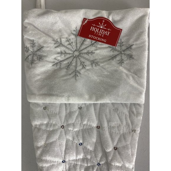 Holiday Time 19” White Quilted Embroidered Silver Snowflake Christmas Stocking - Picture 4 of 7